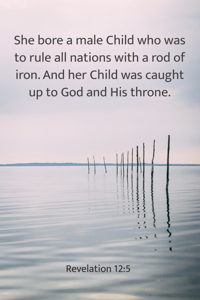  She bore a male Child who was to rule all nations with a rod of iron. And her Child was caught up to God and His throne.   - Revelation 12:5 