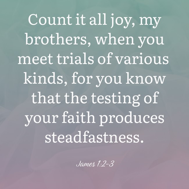 Count it all joy, my brothers, when you meet trials of various kinds, for you know that the testing of your faith produces steadfastness. - James 1:2-3