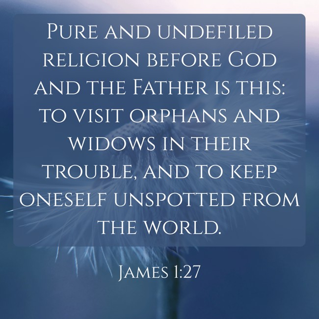  Pure and undefiled religion before God and the Father is this: to visit orphans and widows in their trouble, and to keep oneself unspotted from the world.   - James 1:27 