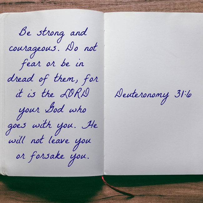 Be strong and courageous. Do not fear or be in dread of them, for it is the LORD your God who goes with you. He will not leave you or forsake you. - Deuteronomy 31:6