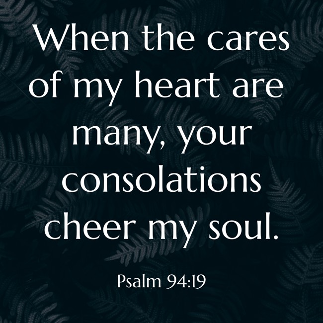 When the cares of my heart are many, your consolations cheer my soul. - Psalm 94:19