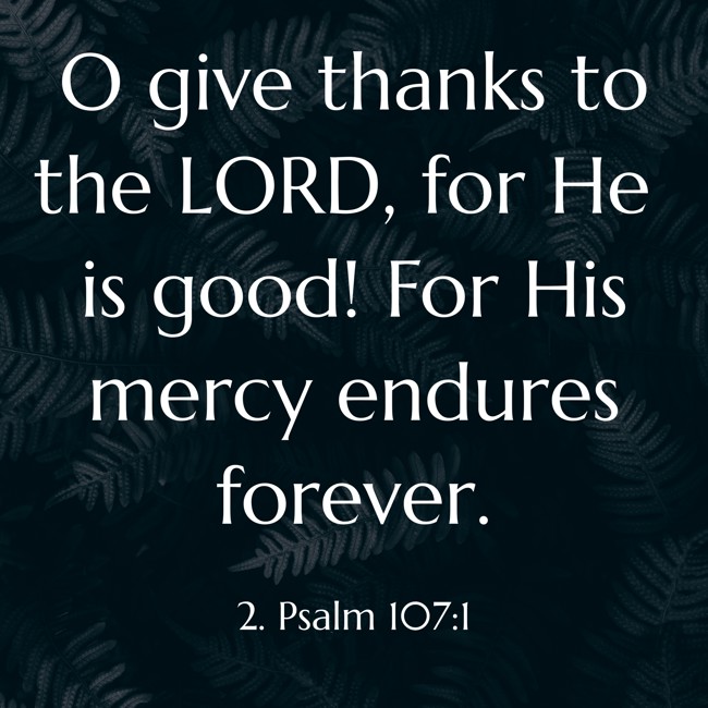O give thanks to the LORD, for He is good! For His mercy endures forever. - 2. Psalm 107:1