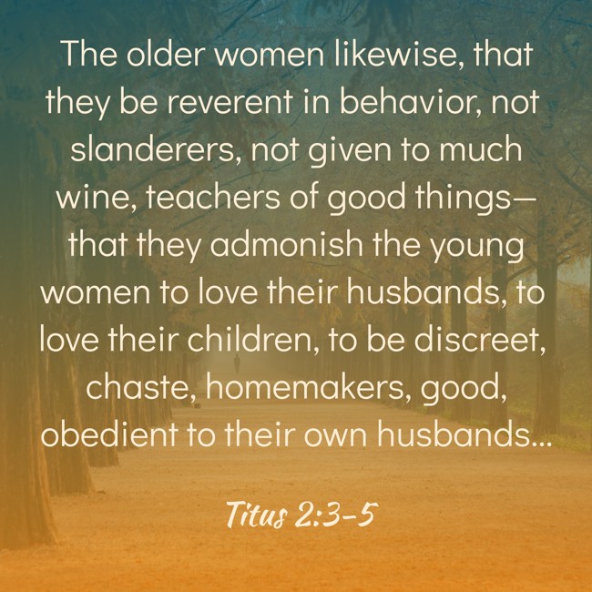 The older women likewise, that they be reverent in behavior, not slanderers, not given to much wine, teachers of good things— that they admonish the young women to love their husbands, to love their children, to be discreet, chaste, homemakers, good, obedient to their own husbands... - Titus 2:3-5