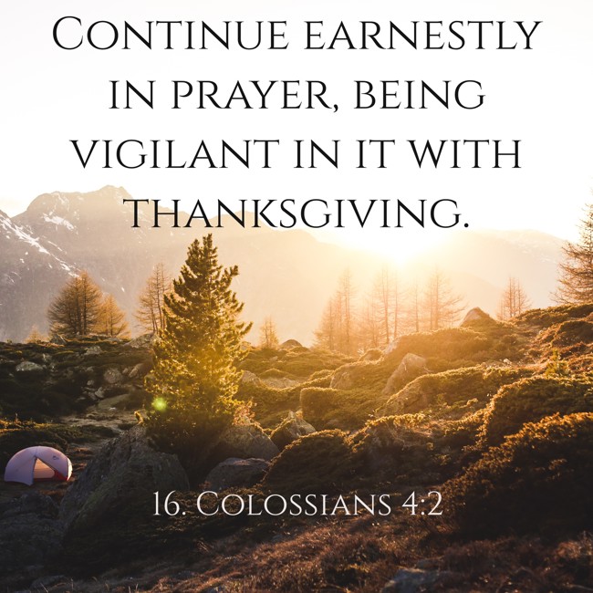 Continue earnestly in prayer, being vigilant in it with thanksgiving. - 16. Colossians 4:2