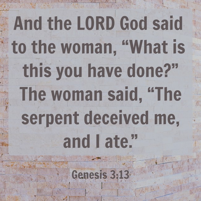 And the LORD God said to the woman, “What is this you have done?” The woman said, “The serpent deceived me, and I ate.” - Genesis 3:13