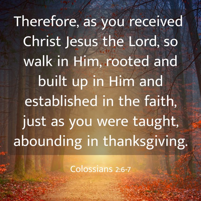Therefore, as you received Christ Jesus the Lord, so walk in Him, rooted and built up in Him and established in the faith, just as you were taught, abounding in thanksgiving. - Colossians 2:6-7