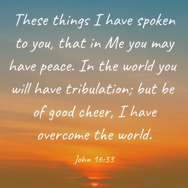 These things I have spoken to you, that in Me you may have peace. In the world you will have tribulation; but be of good cheer, I have overcome the world. - John 16:33