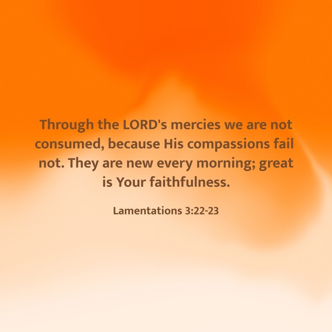 Through the LORD's mercies we are not consumed, because His compassions fail not. They are new every morning; great is Your faithfulness. - Lamentations 3:22-23