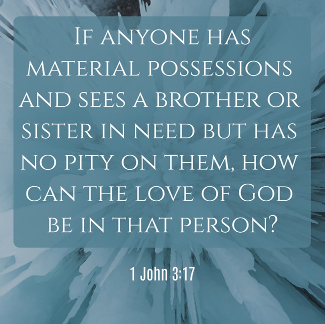 If anyone has material possessions and sees a brother or sister in need but has no pity on them, how can the love of God be in that person? - 1 John 3:17