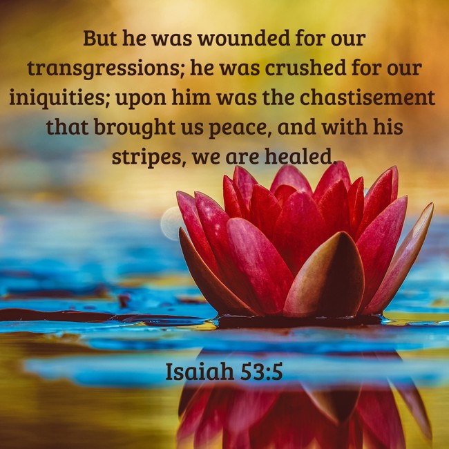 But he was wounded for our transgressions; he was crushed for our iniquities; upon him was the chastisement that brought us peace, and with his stripes, we are healed. - Isaiah 53:5