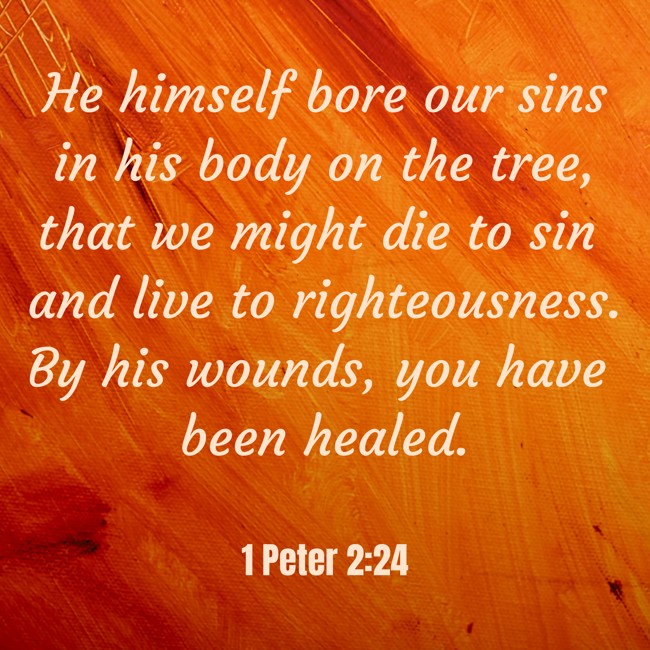 He himself bore our sins in his body on the tree, that we might die to sin and live to righteousness. By his wounds, you have been healed. - 1 Peter 2:24