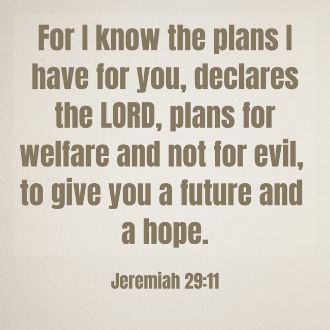 For I know the plans I have for you, declares the LORD, plans for welfare and not for evil, to give you a future and a hope. - Jeremiah 29:11