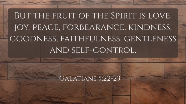 But the fruit of the Spirit is love, joy, peace, forbearance, kindness, goodness, faithfulness, gentleness and self-control. - Galatians 5:22-23