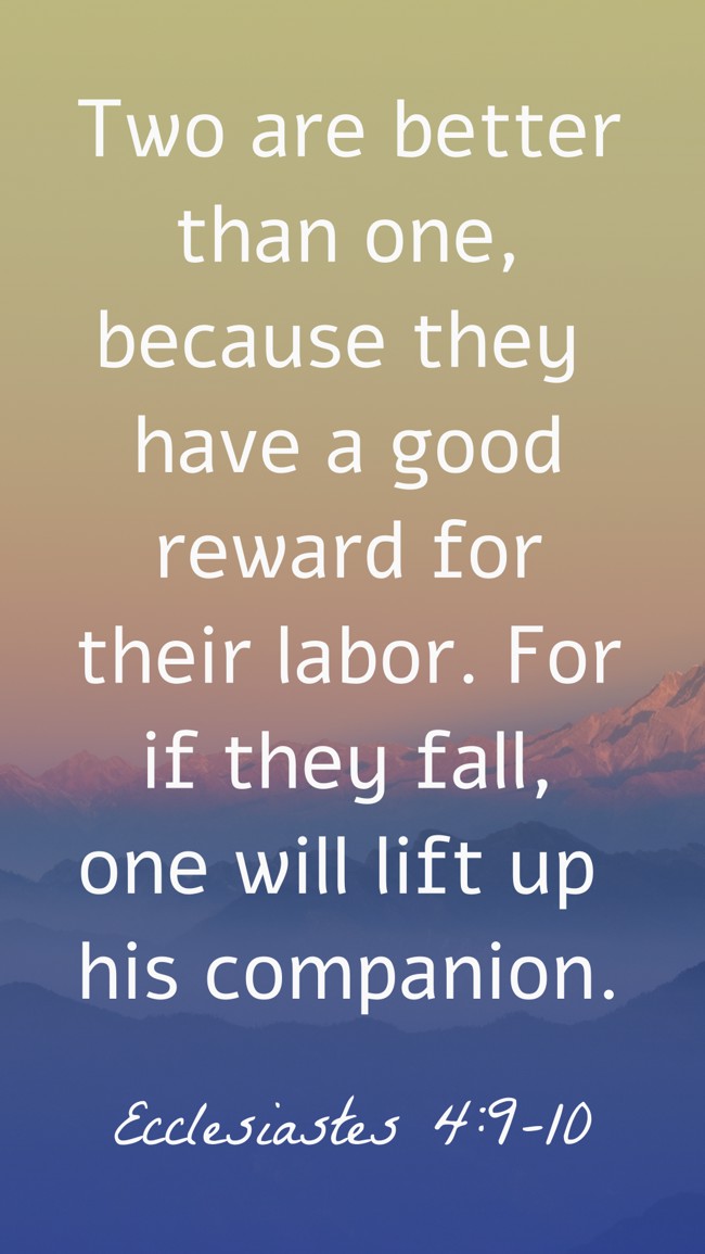 Two are better than one, because they have a good reward for their labor. For if they fall, one will lift up his companion. - Ecclesiastes 4:9-10