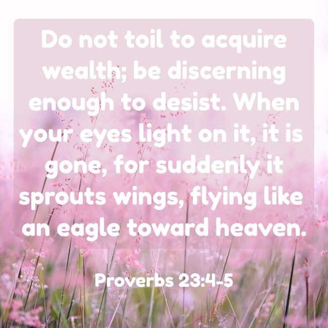 Do not toil to acquire wealth; be discerning enough to desist. When your eyes light on it, it is gone, for suddenly it sprouts wings, flying like an eagle toward heaven. - Proverbs 23:4-5