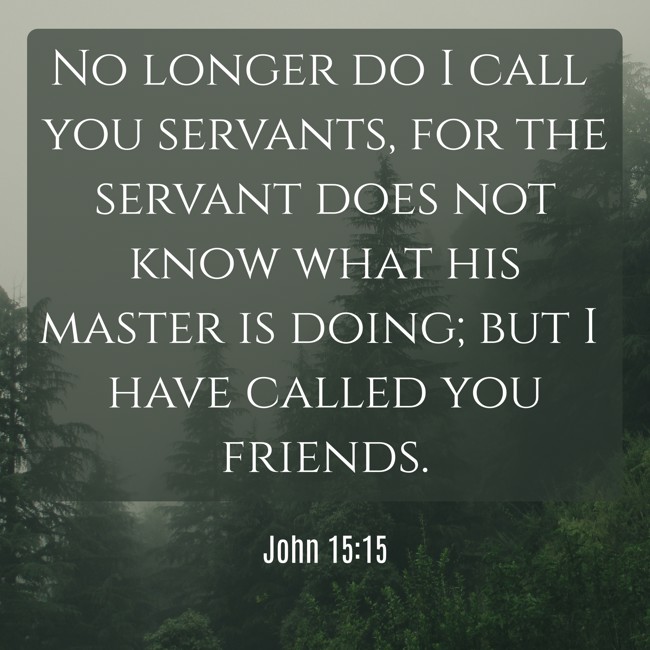 No longer do I call you servants, for the servant does not know what his master is doing; but I have called you friends. - John 15:15