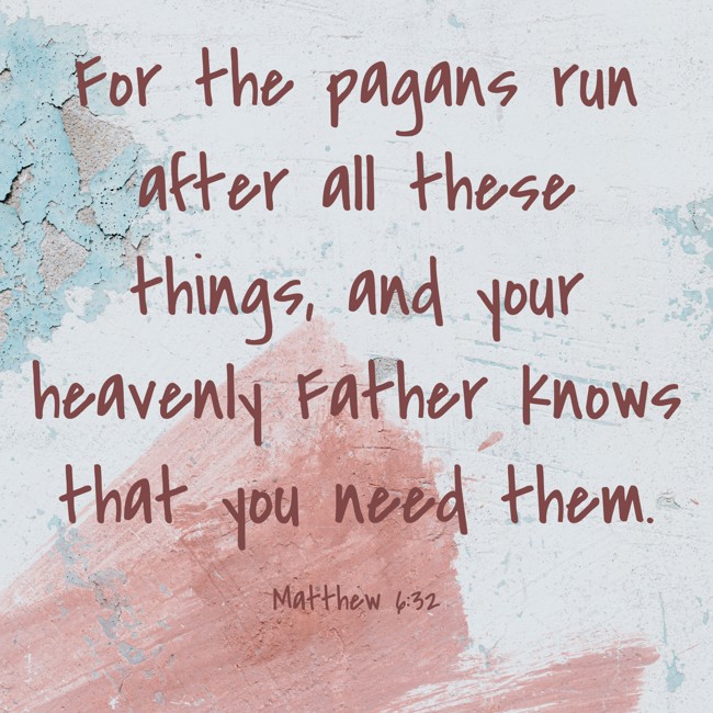 For the pagans run after all these things, and your heavenly Father knows that you need them. - Matthew 6:32