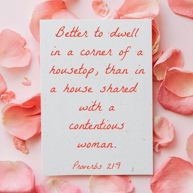  Better to dwell in a corner of a housetop, than in a house shared with a contentious woman.   - Proverbs 21:9 