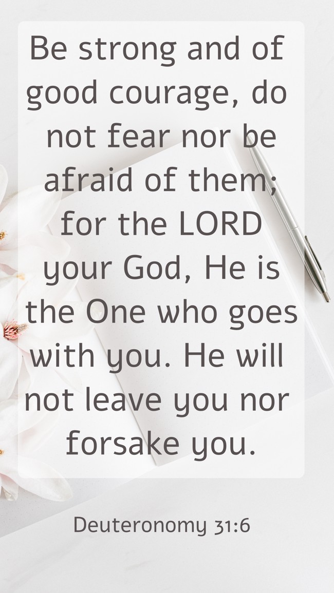 Be strong and of good courage, do not fear nor be afraid of them; for the LORD your God, He is the One who goes with you. He will not leave you nor forsake you. - Deuteronomy 31:6