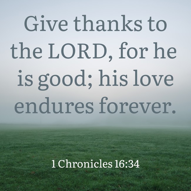 Give thanks to the LORD, for he is good; his love endures forever. - 1 Chronicles 16:34