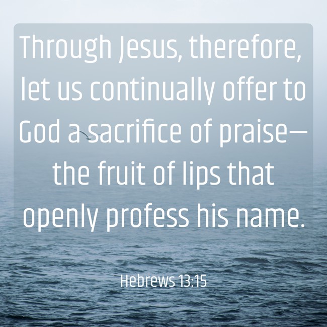 Through Jesus, therefore, let us continually offer to God a sacrifice of praise—the fruit of lips that openly profess his name. - Hebrews 13:15