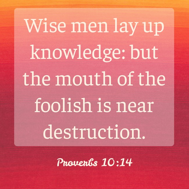  Wise men lay up knowledge: but the mouth of the foolish is near destruction.   - Proverbs 10:14 