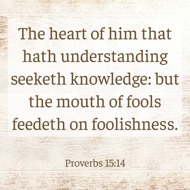  The heart of him that hath understanding seeketh knowledge: but the mouth of fools feedeth on foolishness.   - Proverbs 15:14 