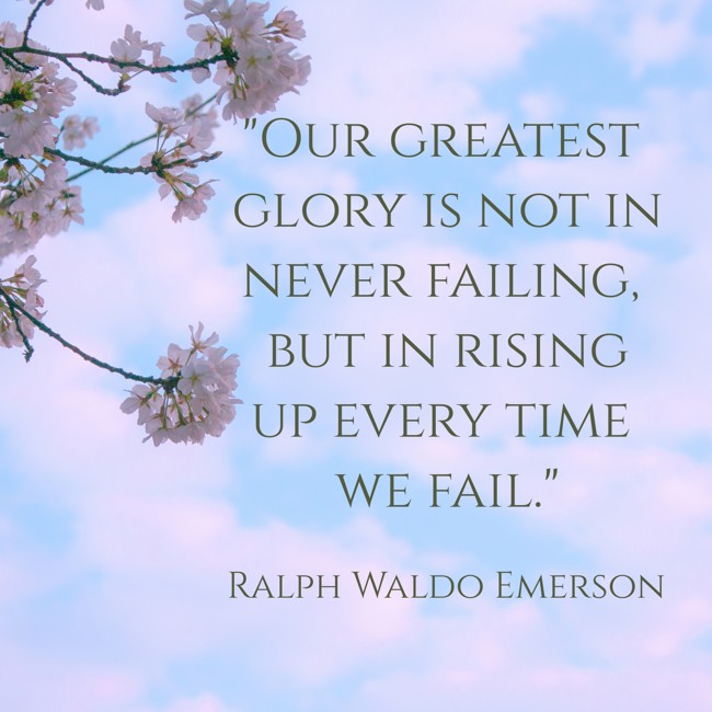 Our greatest glory is not in never failing, but in rising up every time we fail. - Ralph Waldo Emerson