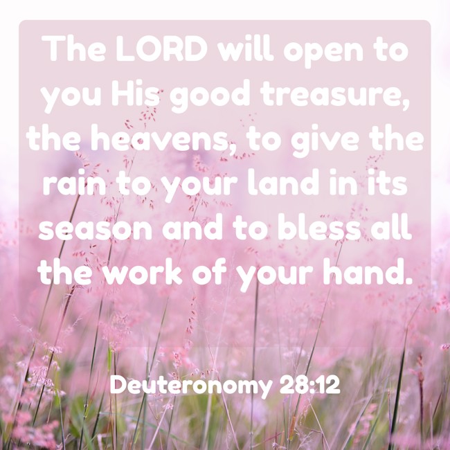 The LORD will open to you His good treasure, the heavens, to give the rain to your land in its season and to bless all the work of your hand. - Deuteronomy 28:12