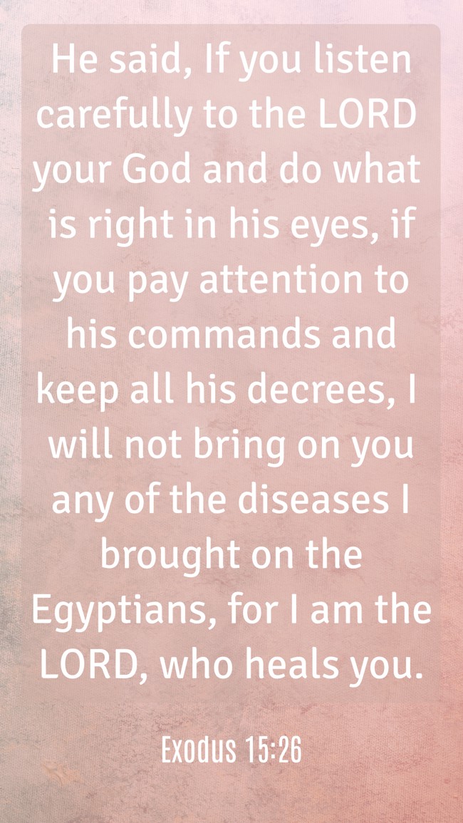 He said, If you listen carefully to the LORD your God and do what is right in his eyes, if you pay attention to his commands and keep all his decrees, I will not bring on you any of the diseases I brought on the Egyptians, for I am the LORD, who heals you. - Exodus 15:26