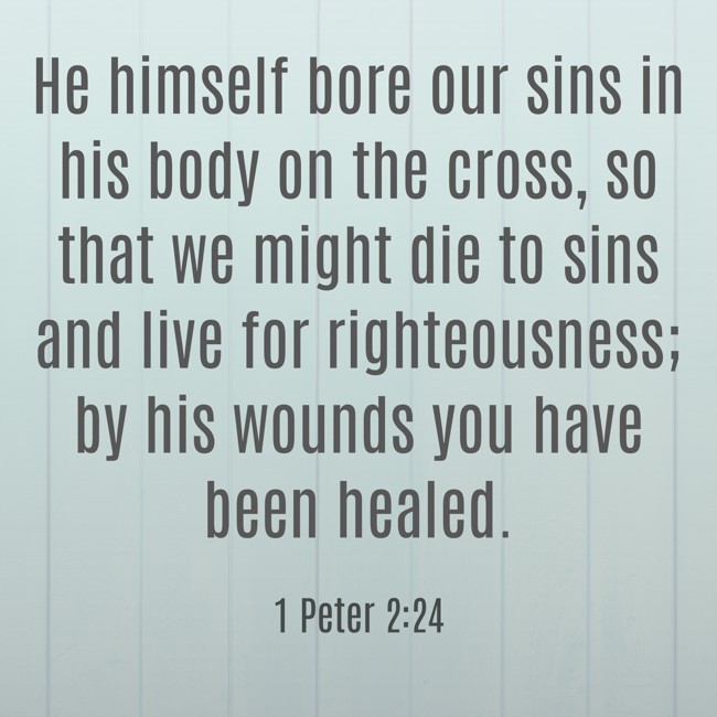 He himself bore our sins in his body on the cross, so that we might die to sins and live for righteousness; by his wounds you have been healed. - 1 Peter 2:24