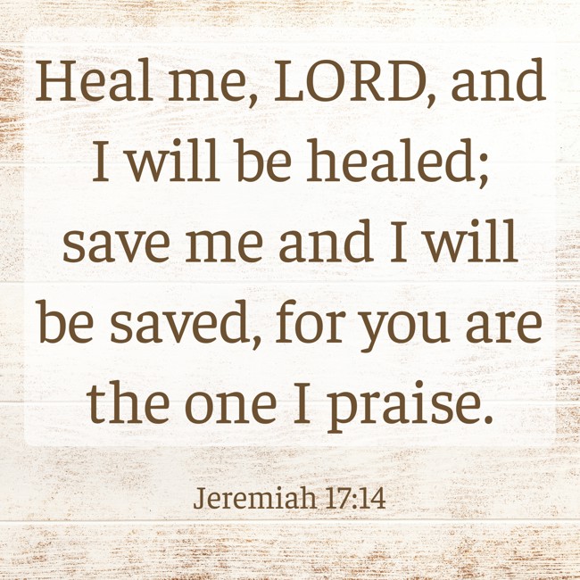 Heal me, LORD, and I will be healed; save me and I will be saved, for you are the one I praise. - Jeremiah 17:14