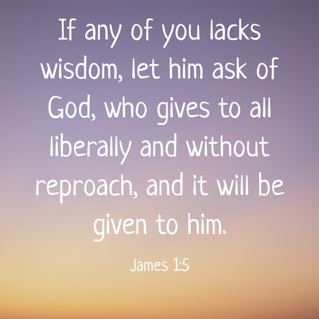 If any of you lacks wisdom, let him ask of God, who gives to all liberally and without reproach, and it will be given to him. - James 1:5