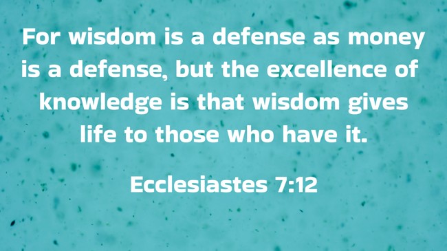 For wisdom is a defense as money is a defense, but the excellence of knowledge is that wisdom gives life to those who have it. - Ecclesiastes 7:12