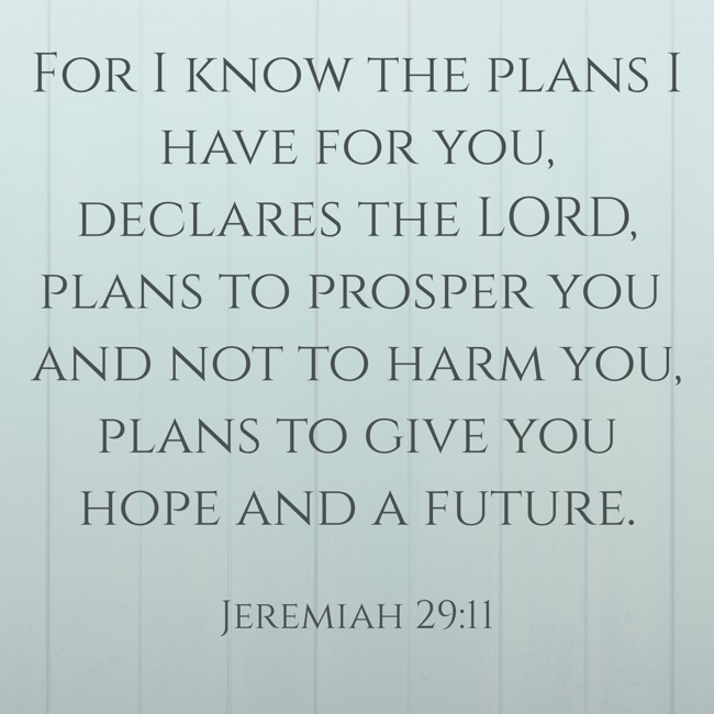 For I know the plans I have for you, declares the LORD, plans to prosper you and not to harm you, plans to give you hope and a future. - Jeremiah 29:11