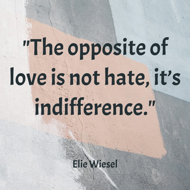 The opposite of love is not hate, it’s indifference. - Elie Wiesel