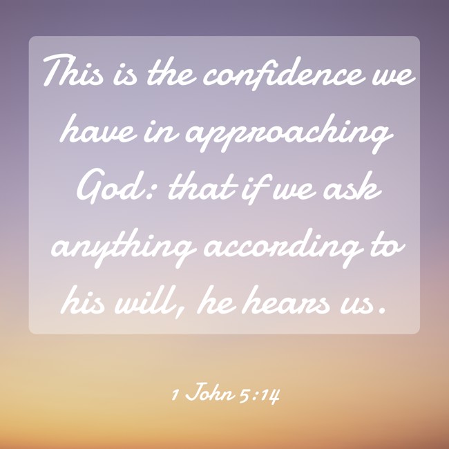 This is the confidence we have in approaching God: that if we ask anything according to his will, he hears us. - 1 John 5:14