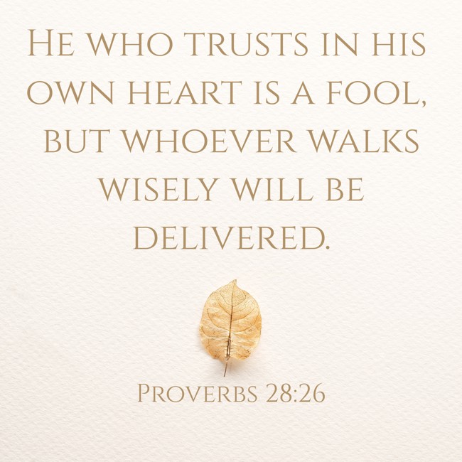He who trusts in his own heart is a fool, but whoever walks wisely will be delivered. - Proverbs 28:26