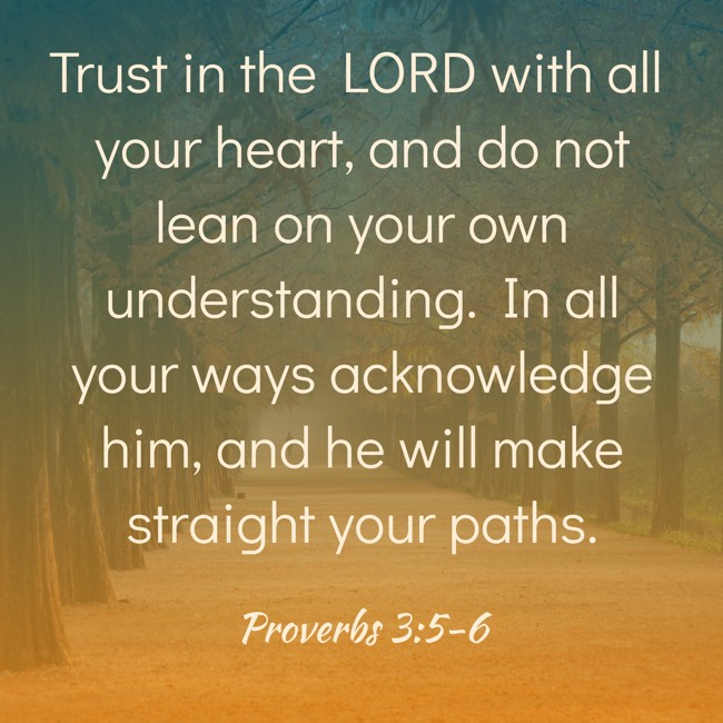 Trust in the LORD with all your heart, and do not lean on your own understanding. In all your ways acknowledge him, and he will make straight your paths. - Proverbs 3:5-6