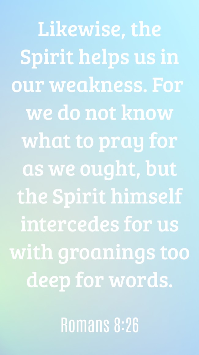 Likewise, the Spirit helps us in our weakness. For we do not know what to pray for as we ought, but the Spirit himself intercedes for us with groanings too deep for words. - Romans 8:26