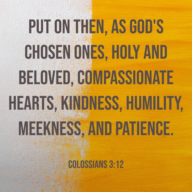 Put on then, as God's chosen ones, holy and beloved, compassionate hearts, kindness, humility, meekness, and patience. - Colossians 3:12