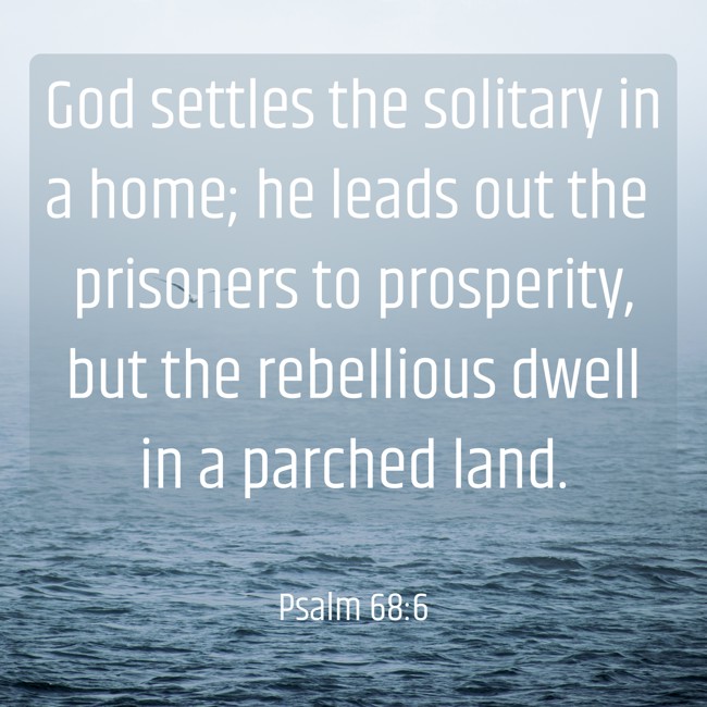 God settles the solitary in a home; he leads out the prisoners to prosperity, but the rebellious dwell in a parched land. - Psalm 68:6