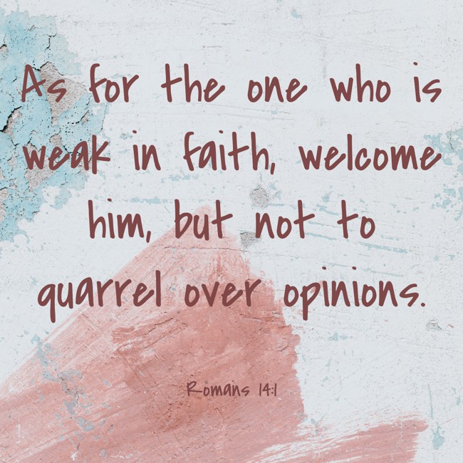 As for the one who is weak in faith, welcome him, but not to quarrel over opinions. - Romans 14:1