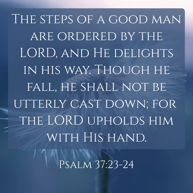 The steps of a good man are ordered by the LORD, and He delights in his way. Though he fall, he shall not be utterly cast down; for the LORD upholds him with His hand. - Psalm 37:23-24