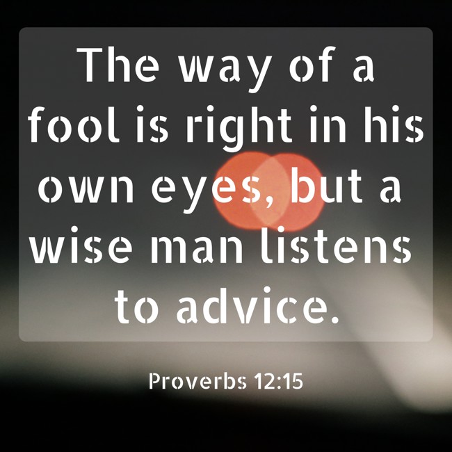The way of a fool is right in his own eyes, but a wise man listens to advice. - Proverbs 12:15