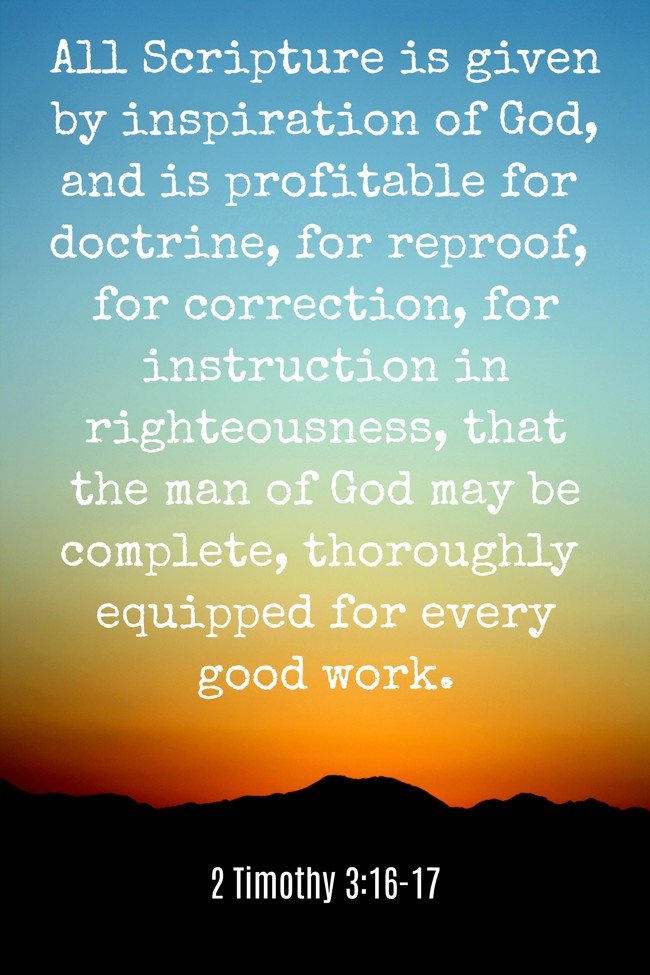 All Scripture is given by inspiration of God, and is profitable for doctrine, for reproof, for correction, for instruction in righteousness, that the man of God may be complete, thoroughly equipped for every good work. - 2 Timothy 3:16-17