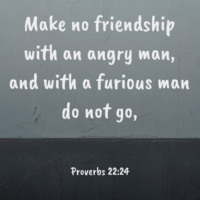 Make no friendship with an angry man, and with a furious man do not go, - Proverbs 22:24