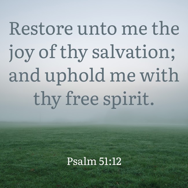  Restore unto me the joy of thy salvation; and uphold me with thy free spirit.   - Psalm 51:12 
