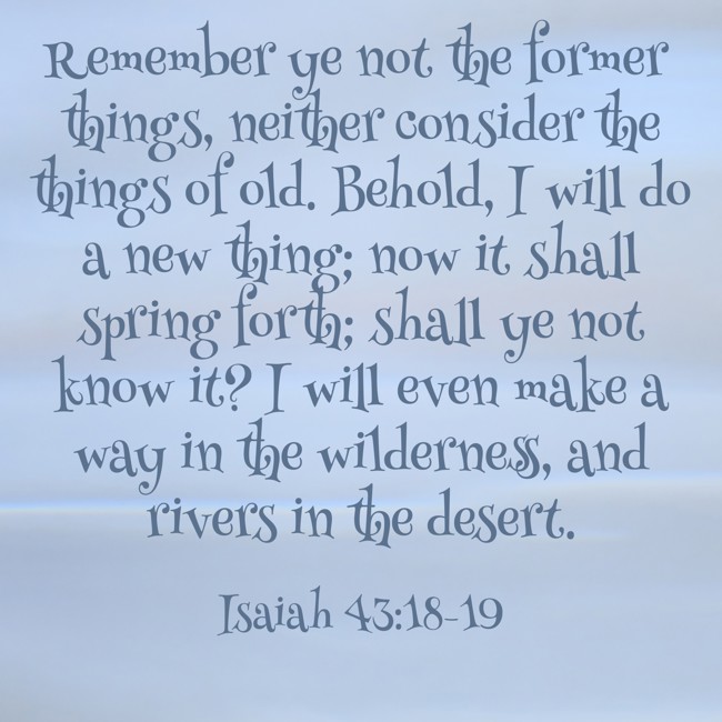  Remember ye not the former things, neither consider the things of old. Behold, I will do a new thing; now it shall spring forth; shall ye not know it? I will even make a way in the wilderness, and rivers in the desert.   - Isaiah 43:18-19 
