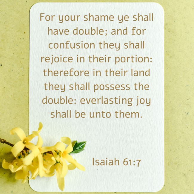  For your shame ye shall have double; and for confusion they shall rejoice in their portion: therefore in their land they shall possess the double: everlasting joy shall be unto them.   - Isaiah 61:7 